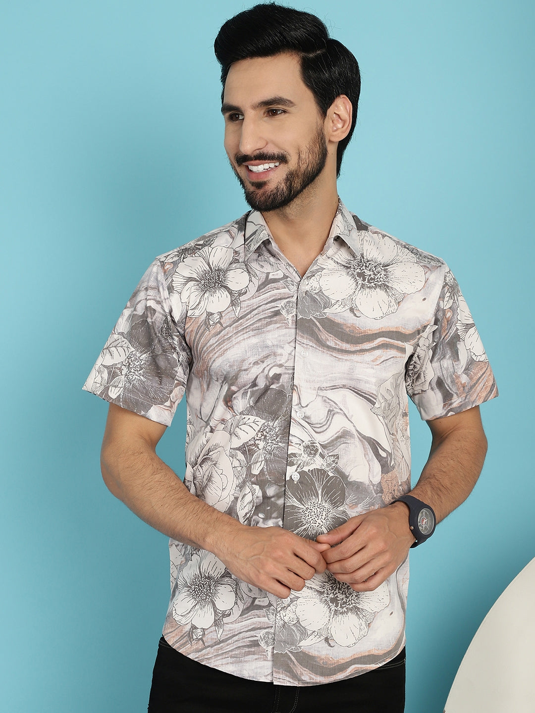 Indian Needle Men's Floral Printed Casual Shirt - Cream | Swadesiicart