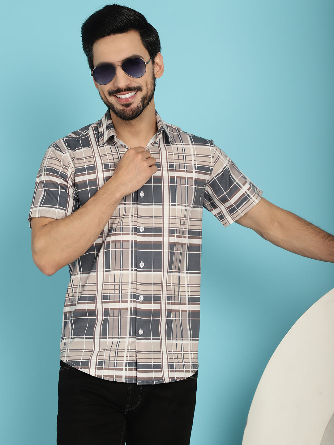 Indian Needle Men's Checked Casual Shirt - Grey | Swadesiicart