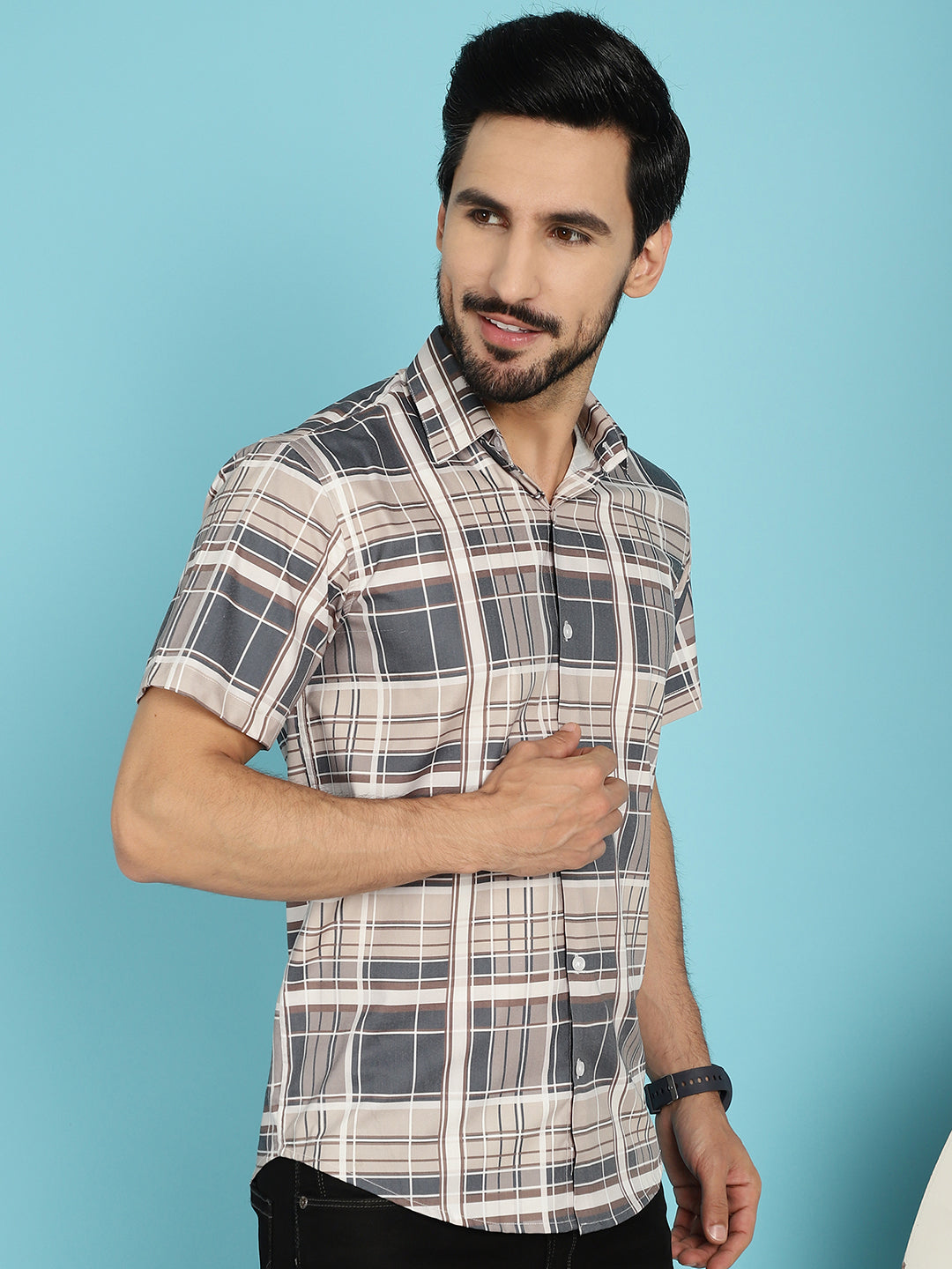 Indian Needle Men's Checked Casual Shirt - Grey | Swadesiicart