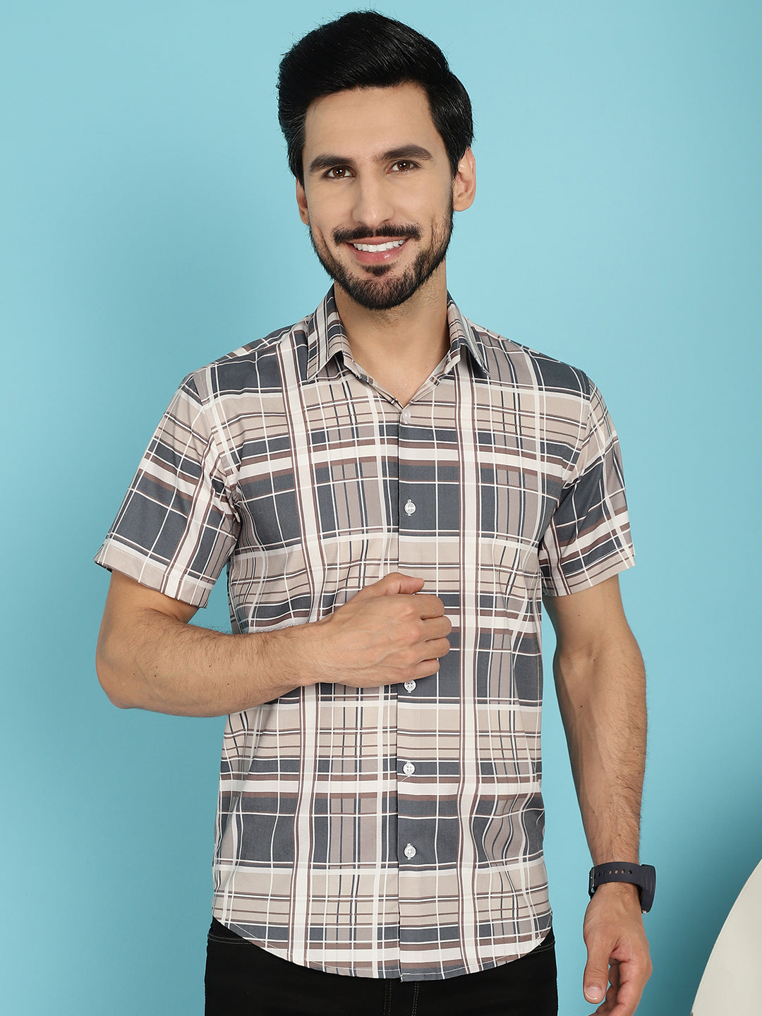 Indian Needle Men's Checked Casual Shirt - Grey | Swadesiicart