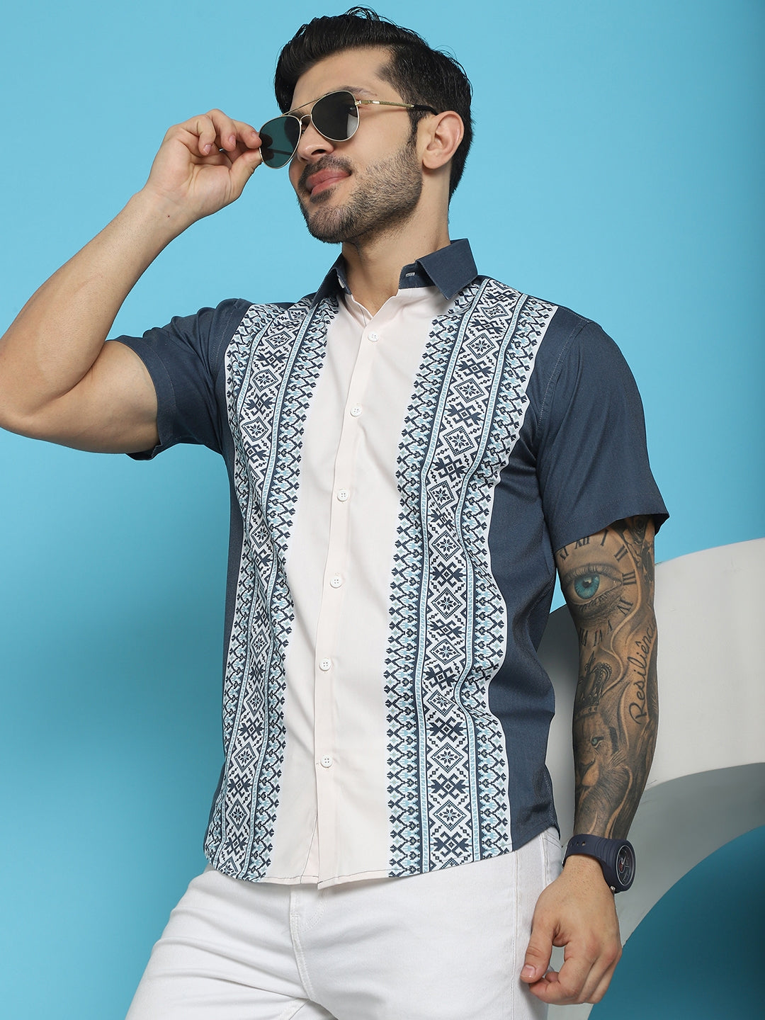 Indian Needle Men's Printed Half Sleeve Lycra Shirt - Charcoal | Swadesiicart