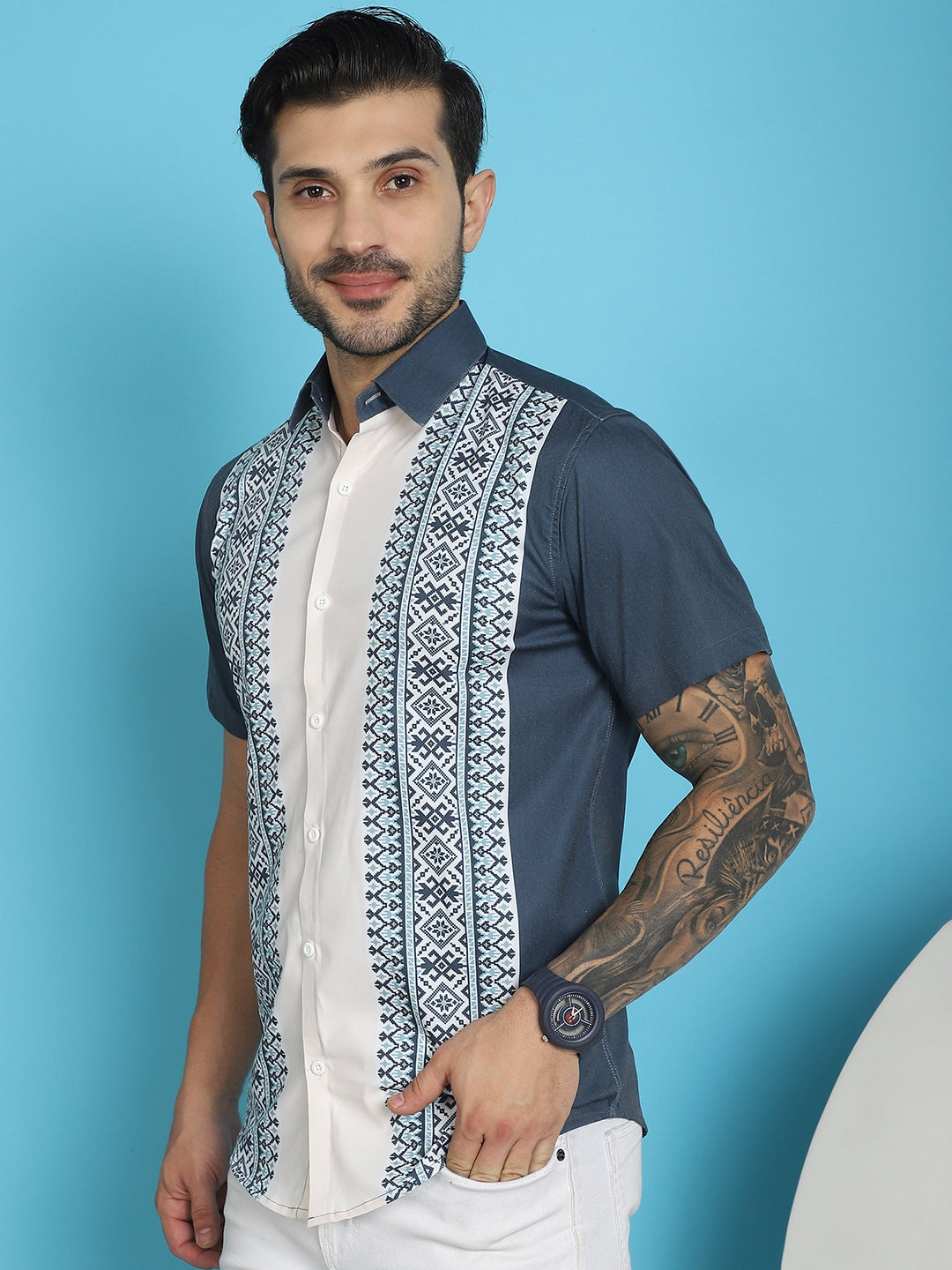 Indian Needle Men's Printed Half Sleeve Lycra Shirt - Charcoal | Swadesiicart