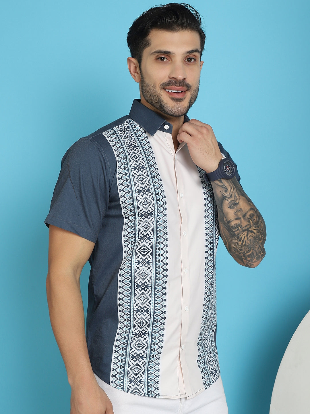 Indian Needle Men's Printed Half Sleeve Lycra Shirt - Charcoal | Swadesiicart