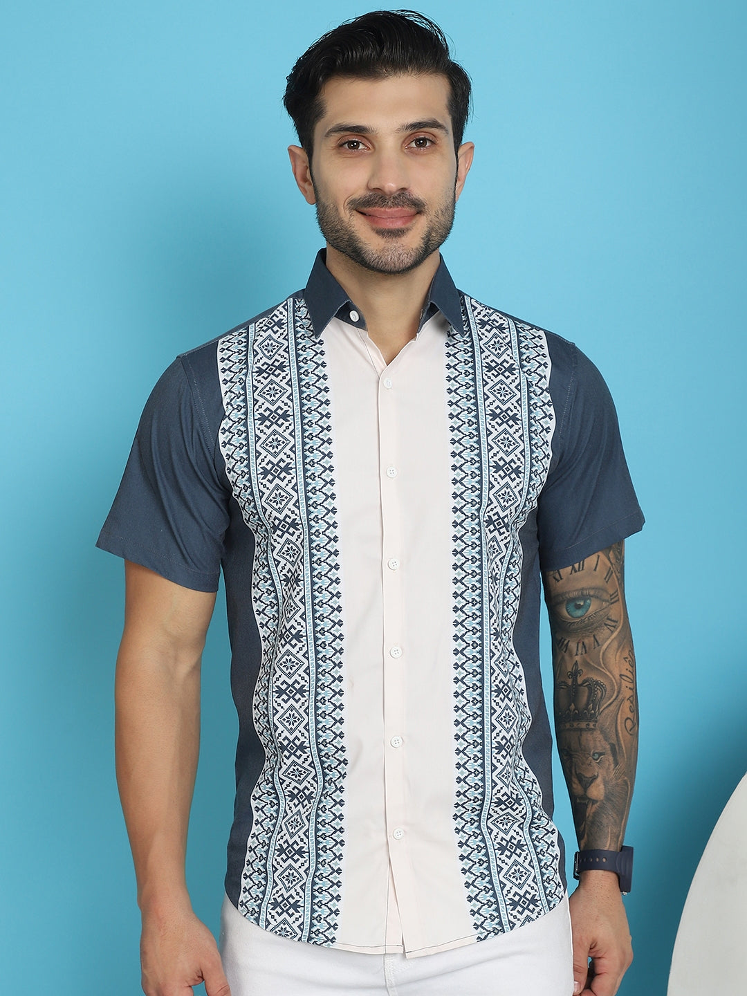 Indian Needle Men's Printed Half Sleeve Lycra Shirt - Charcoal | Swadesiicart