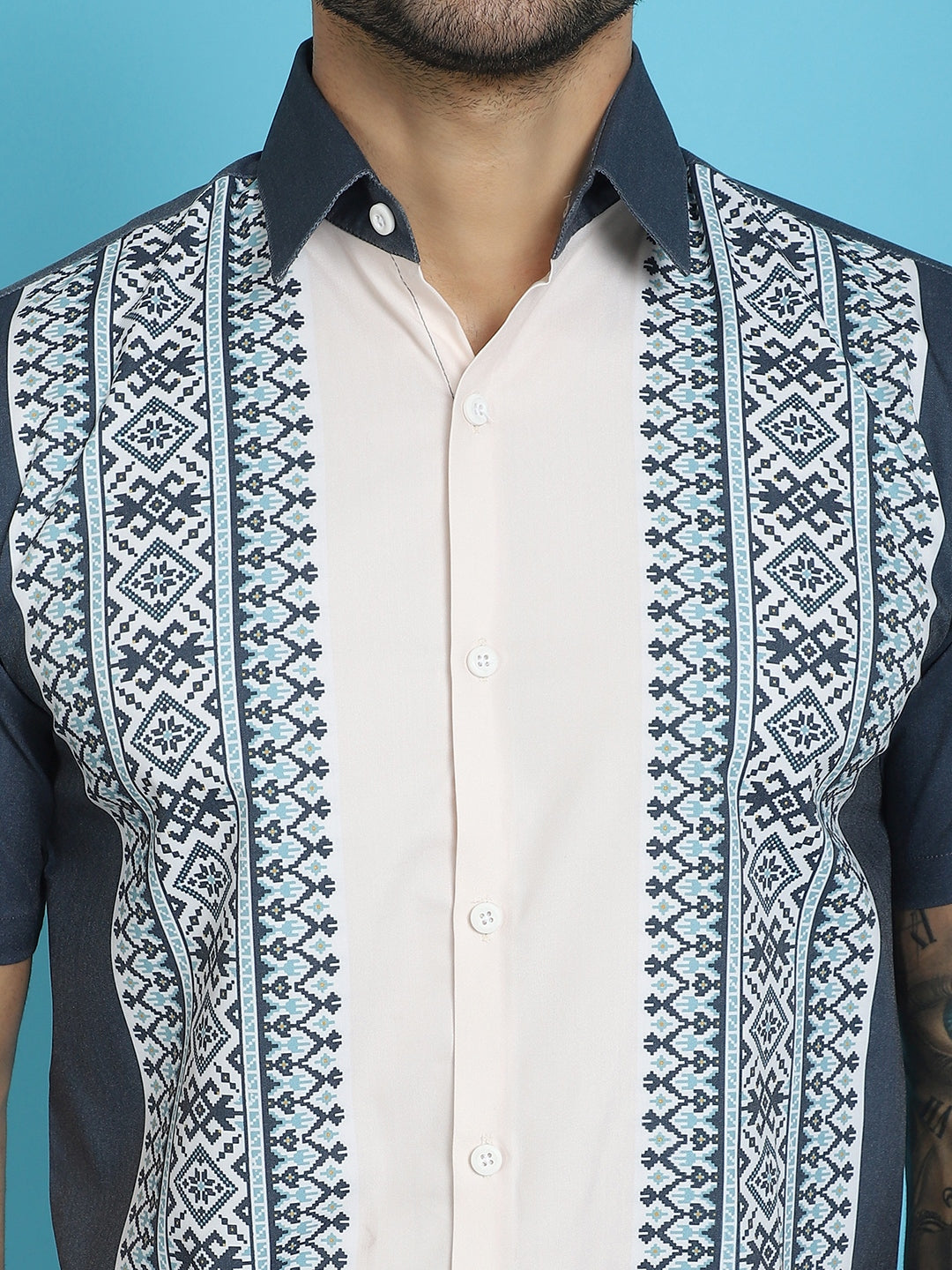 Indian Needle Men's Printed Half Sleeve Lycra Shirt - Charcoal | Swadesiicart