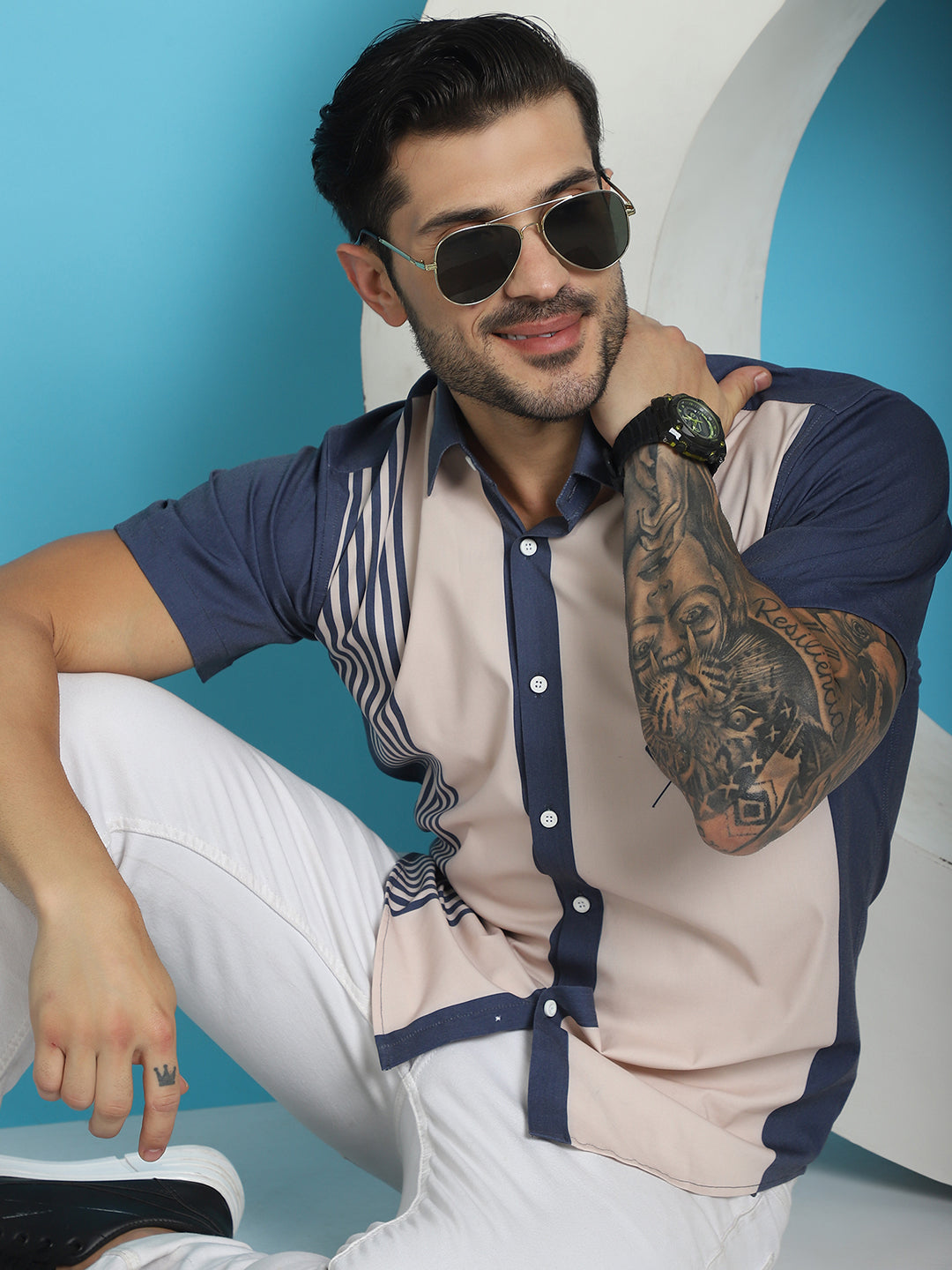 Indian Needle Men's Printed Half Sleeve Lycra Shirt - Cream | Swadesiicart