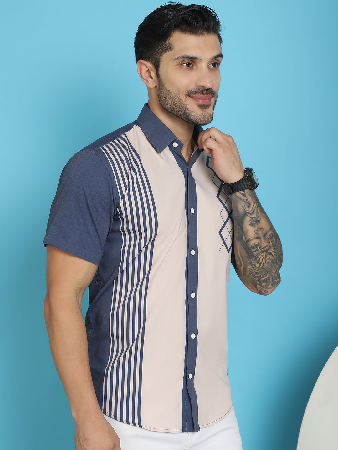 Indian Needle Men's Printed Half Sleeve Lycra Shirt - Cream | Swadesiicart