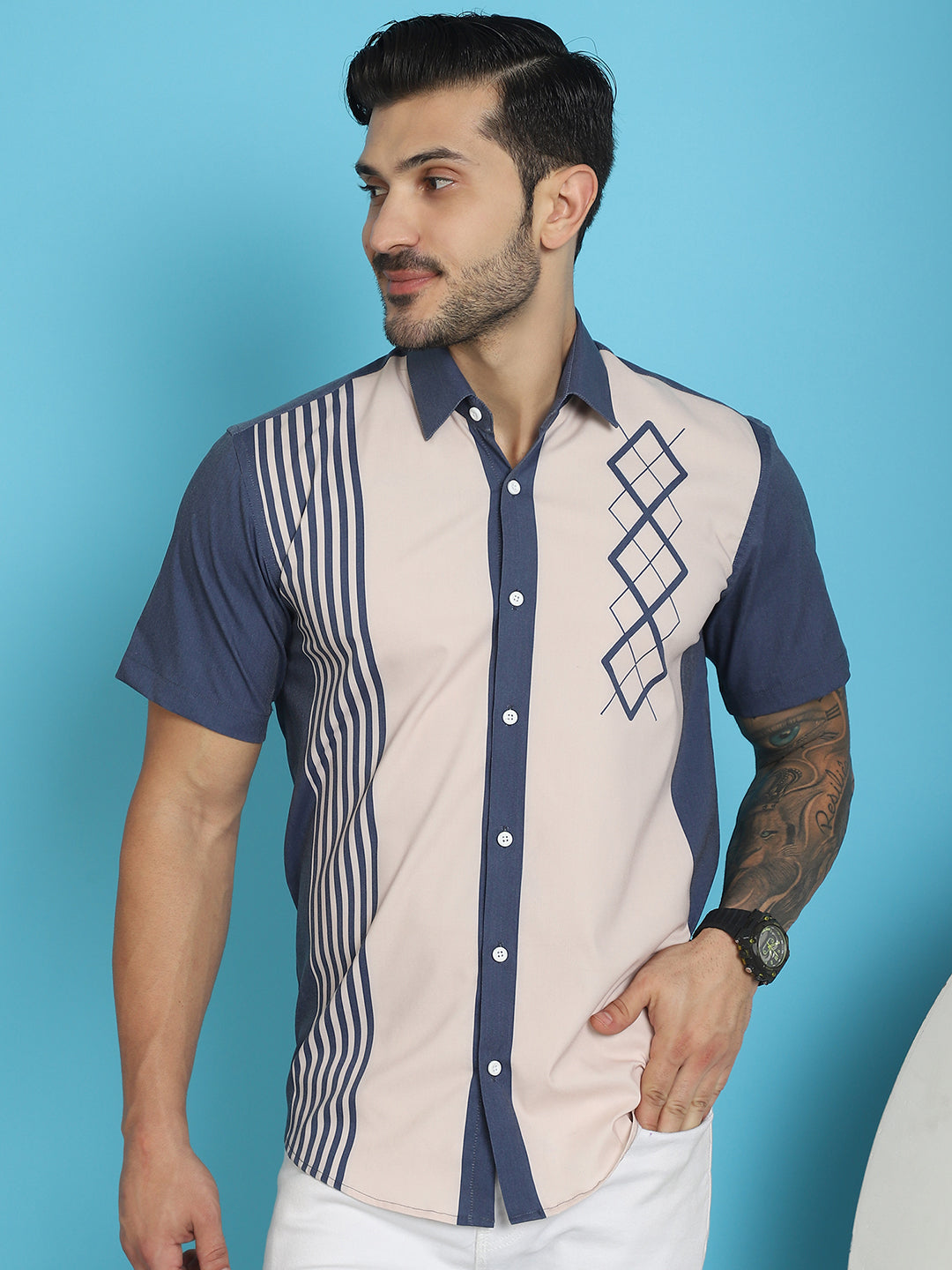 Indian Needle Men's Printed Half Sleeve Lycra Shirt - Cream | Swadesiicart