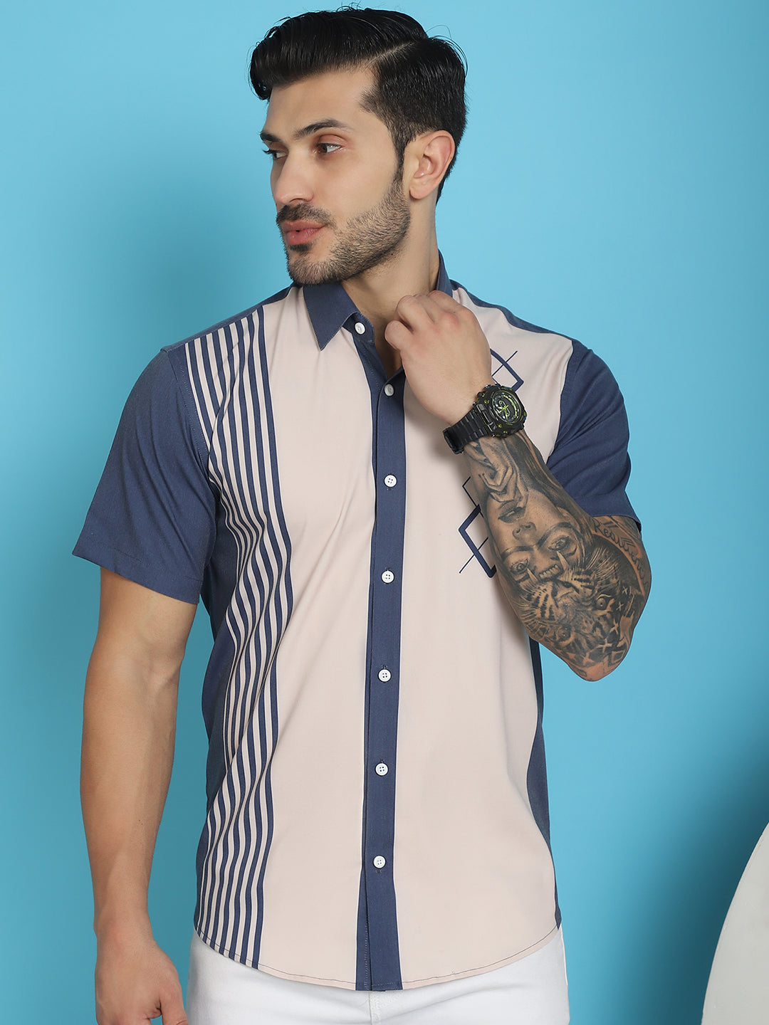 Indian Needle Men's Printed Half Sleeve Lycra Shirt - Cream | Swadesiicart