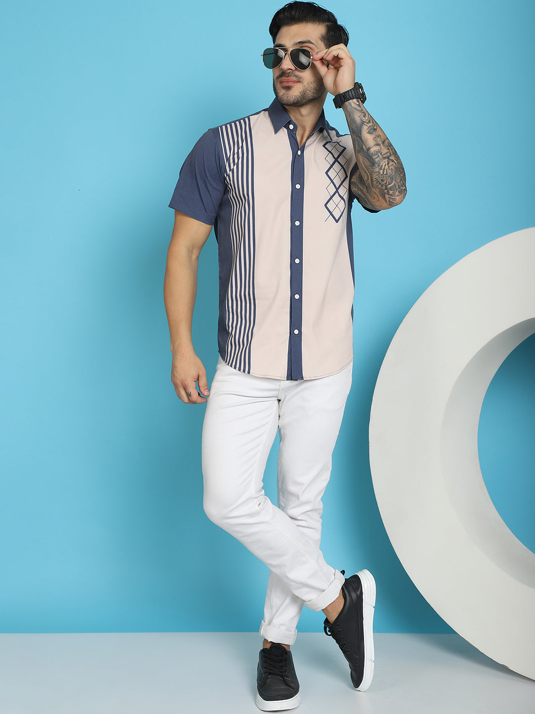 Indian Needle Men's Printed Half Sleeve Lycra Shirt - Cream | Swadesiicart