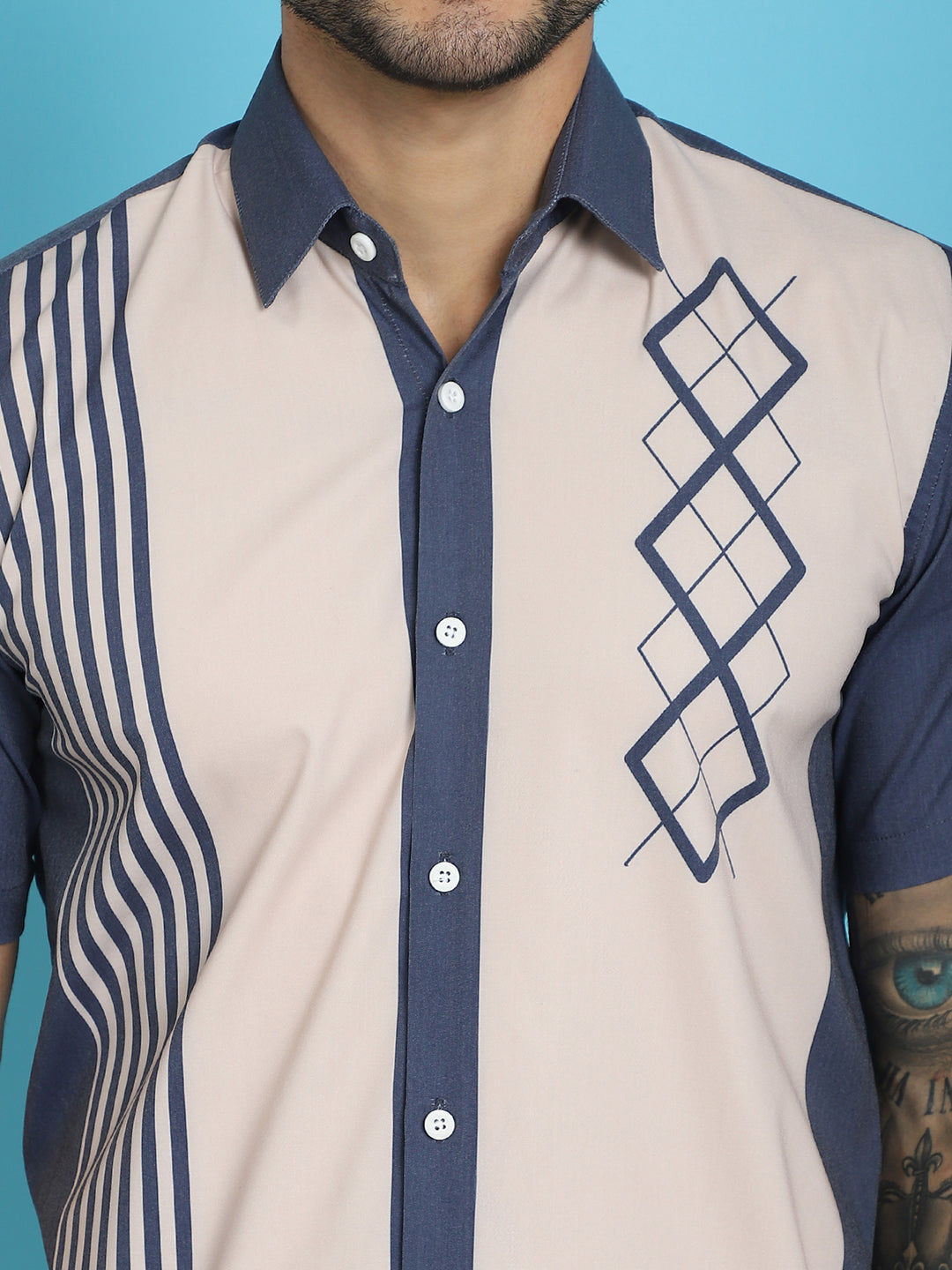 Indian Needle Men's Printed Half Sleeve Lycra Shirt - Cream | Swadesiicart