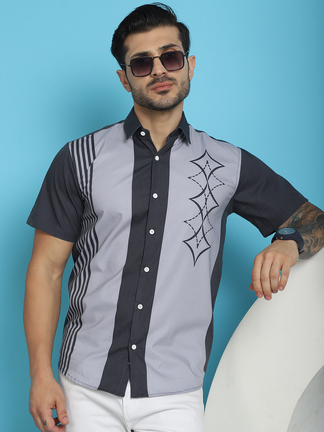 Indian Needle Men's Printed Half Sleeve Lycra Shirt - Grey | Swadesiicart