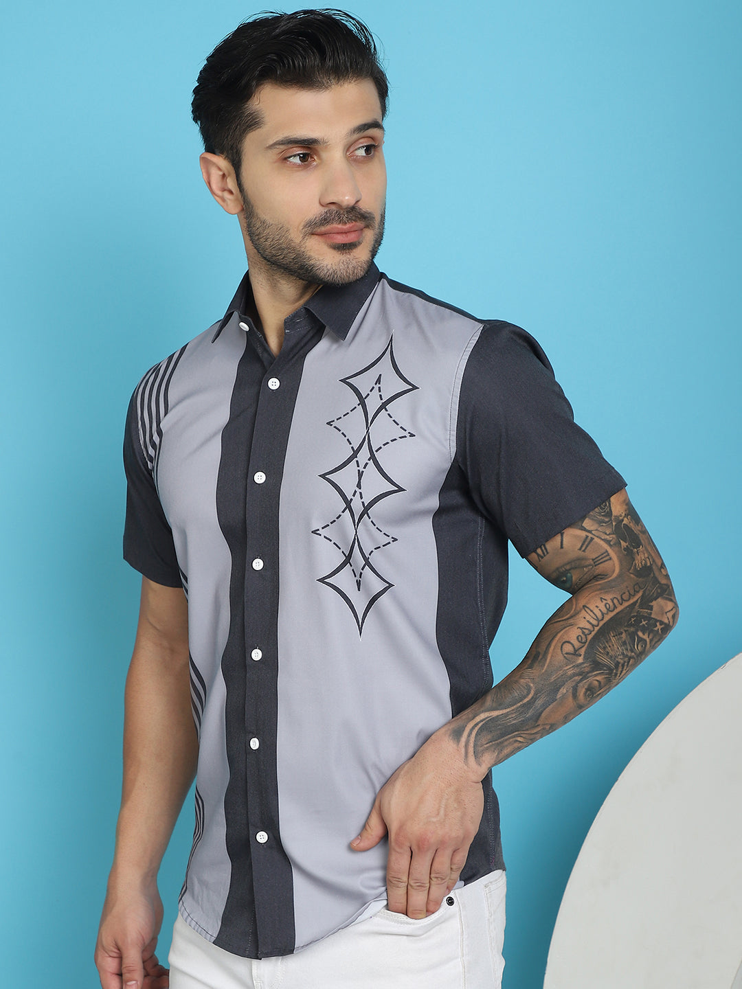 Indian Needle Men's Printed Half Sleeve Lycra Shirt - Grey | Swadesiicart