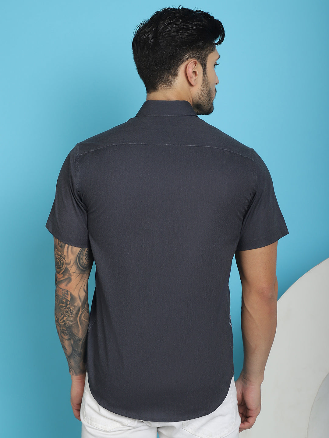 Indian Needle Men's Printed Half Sleeve Lycra Shirt - Grey | Swadesiicart