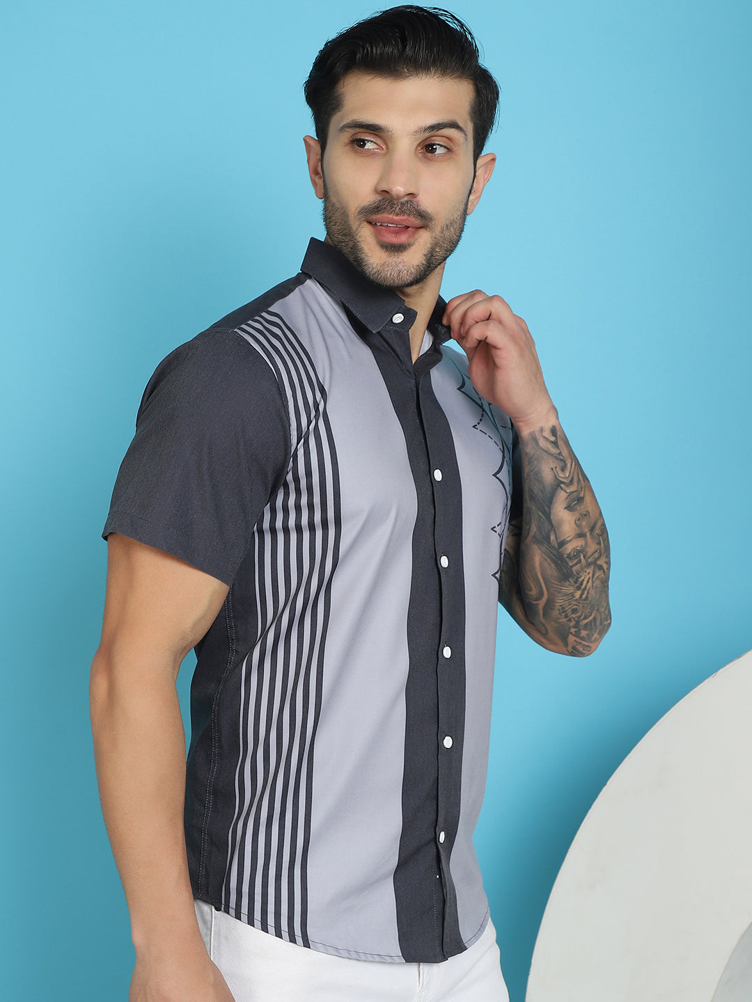 Indian Needle Men's Printed Half Sleeve Lycra Shirt - Grey | Swadesiicart