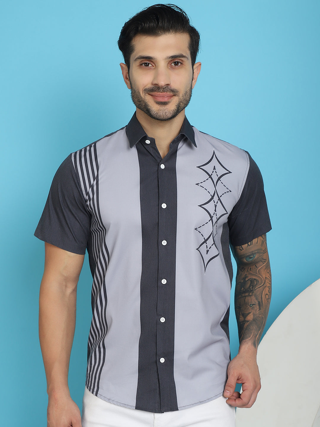 Indian Needle Men's Printed Half Sleeve Lycra Shirt - Grey | Swadesiicart