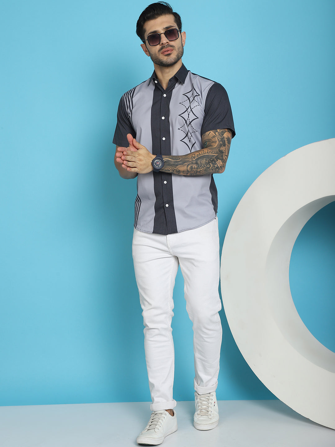 Indian Needle Men's Printed Half Sleeve Lycra Shirt - Grey | Swadesiicart