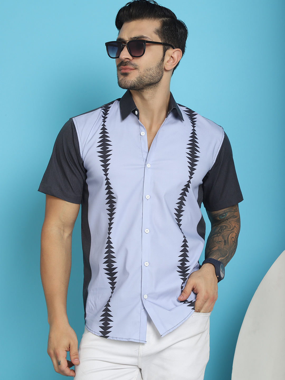 Indian Needle Men's Printed Half Sleeve Lycra Shirt - Sky Blue | Swadesiicart