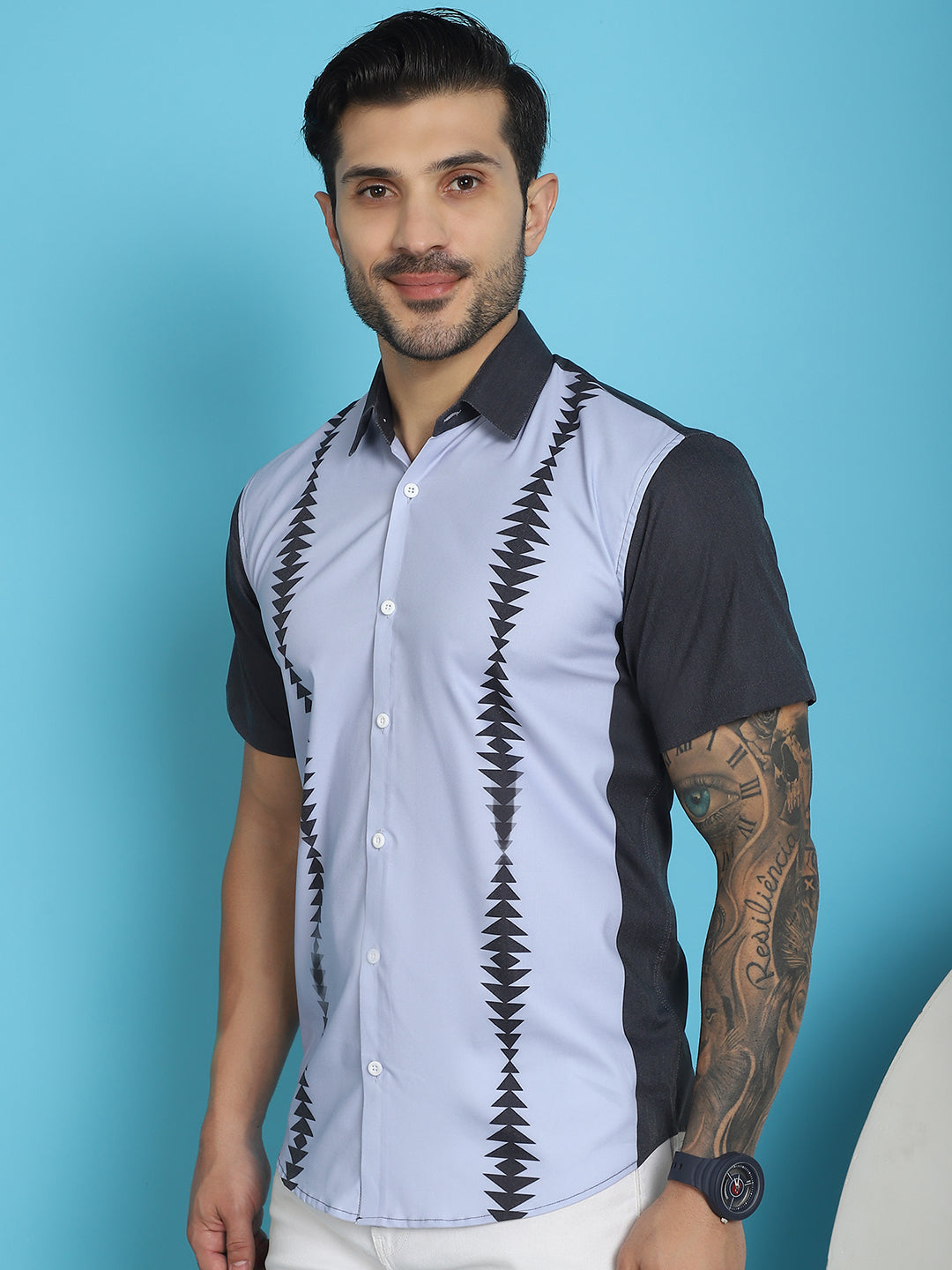 Indian Needle Men's Printed Half Sleeve Lycra Shirt - Sky Blue | Swadesiicart