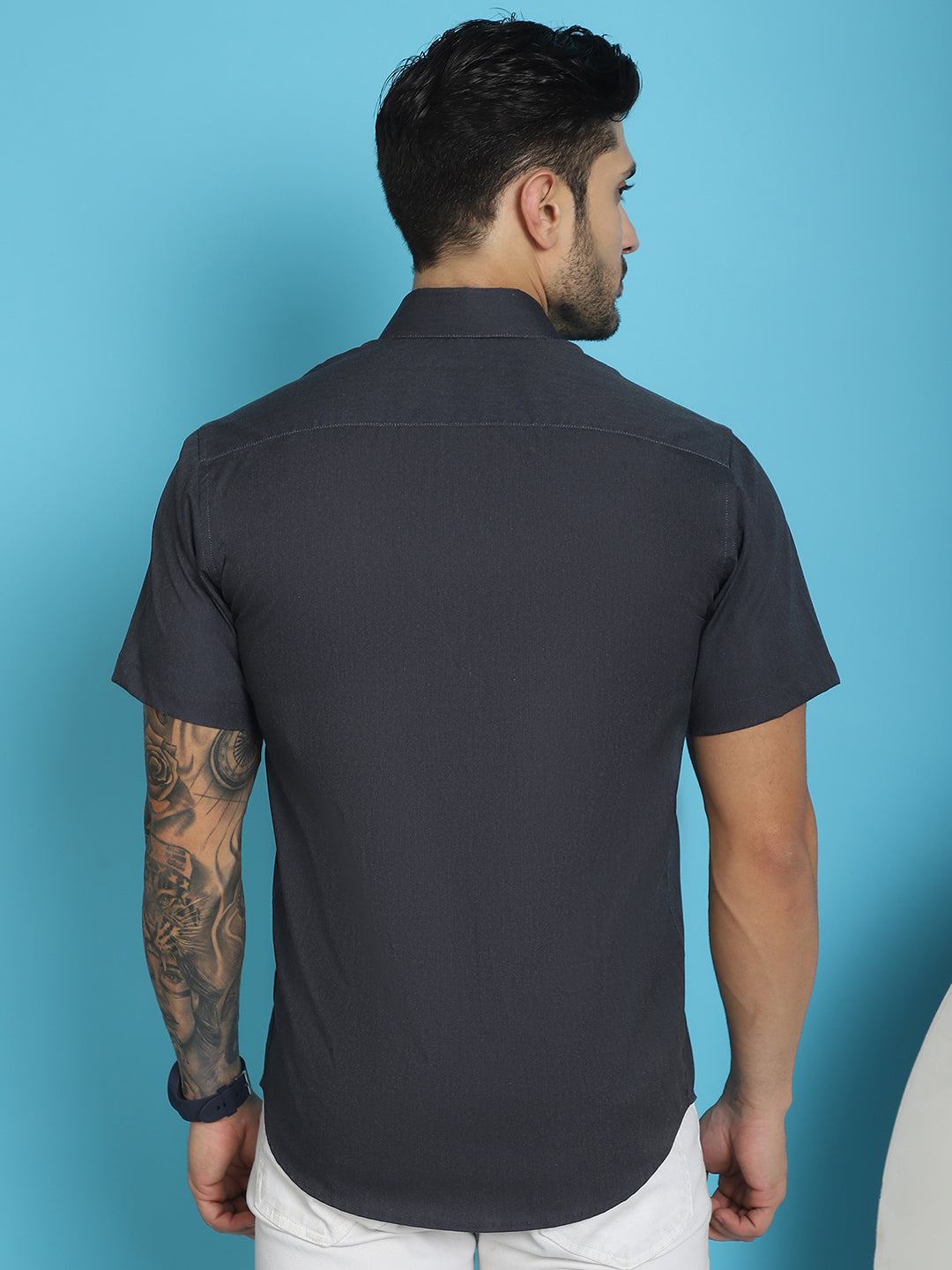 Indian Needle Men's Printed Half Sleeve Lycra Shirt - Sky Blue | Swadesiicart