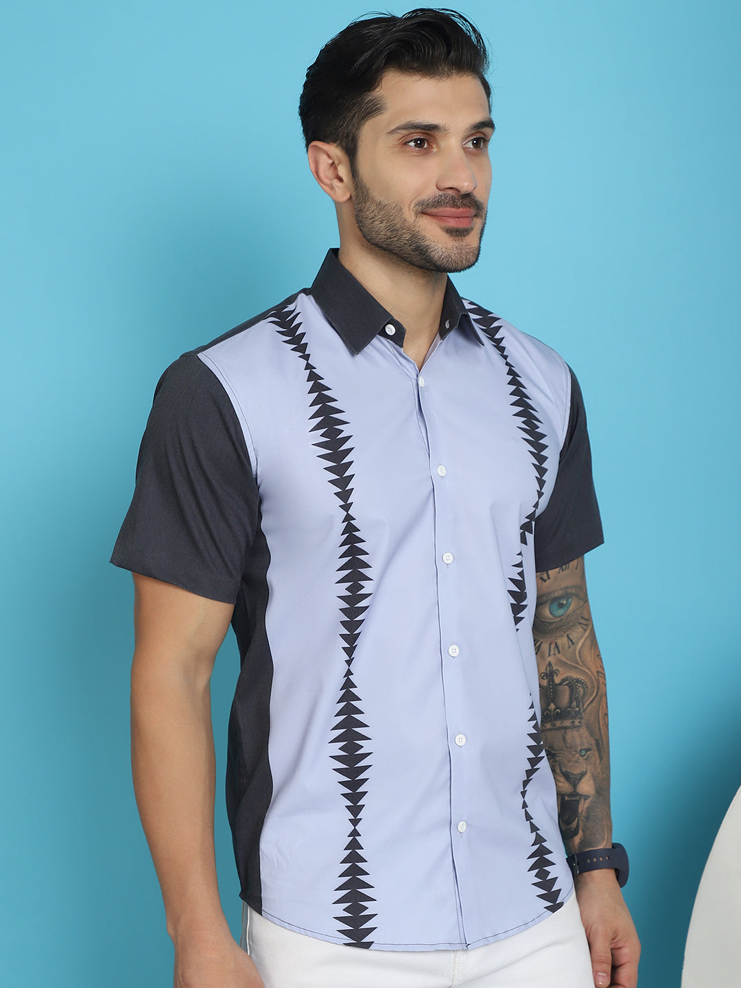 Indian Needle Men's Printed Half Sleeve Lycra Shirt - Sky Blue | Swadesiicart