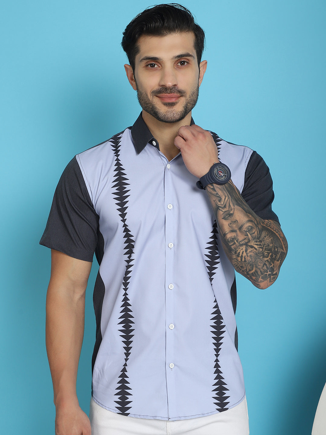 Indian Needle Men's Printed Half Sleeve Lycra Shirt - Sky Blue | Swadesiicart