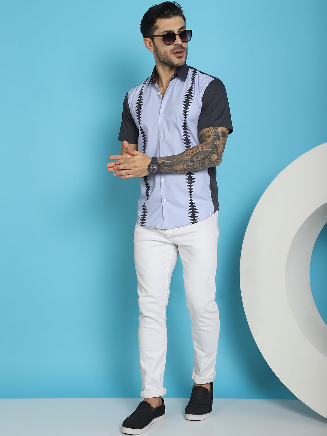 Indian Needle Men's Printed Half Sleeve Lycra Shirt - Sky Blue | Swadesiicart