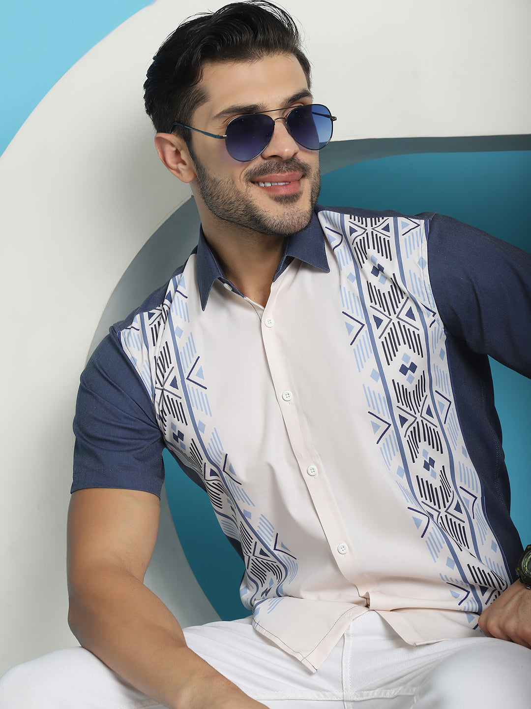 Indian Needle Men's Printed Half Sleeve Lycra Shirt - White | Swadesiicart