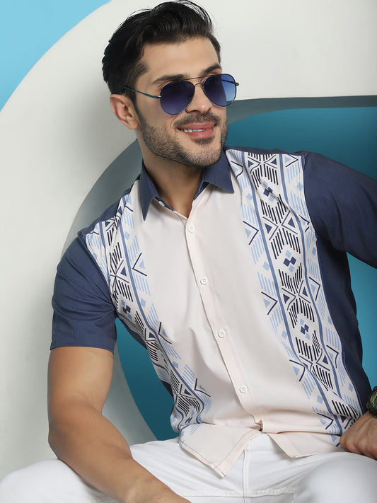 Indian Needle Men's Printed Half Sleeve Lycra Shirt - White | Swadesiicart