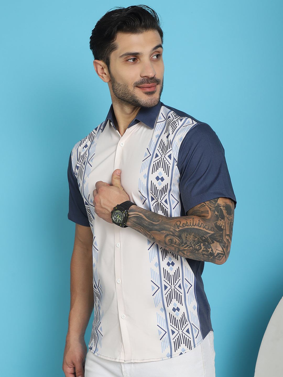 Indian Needle Men's Printed Half Sleeve Lycra Shirt - White | Swadesiicart