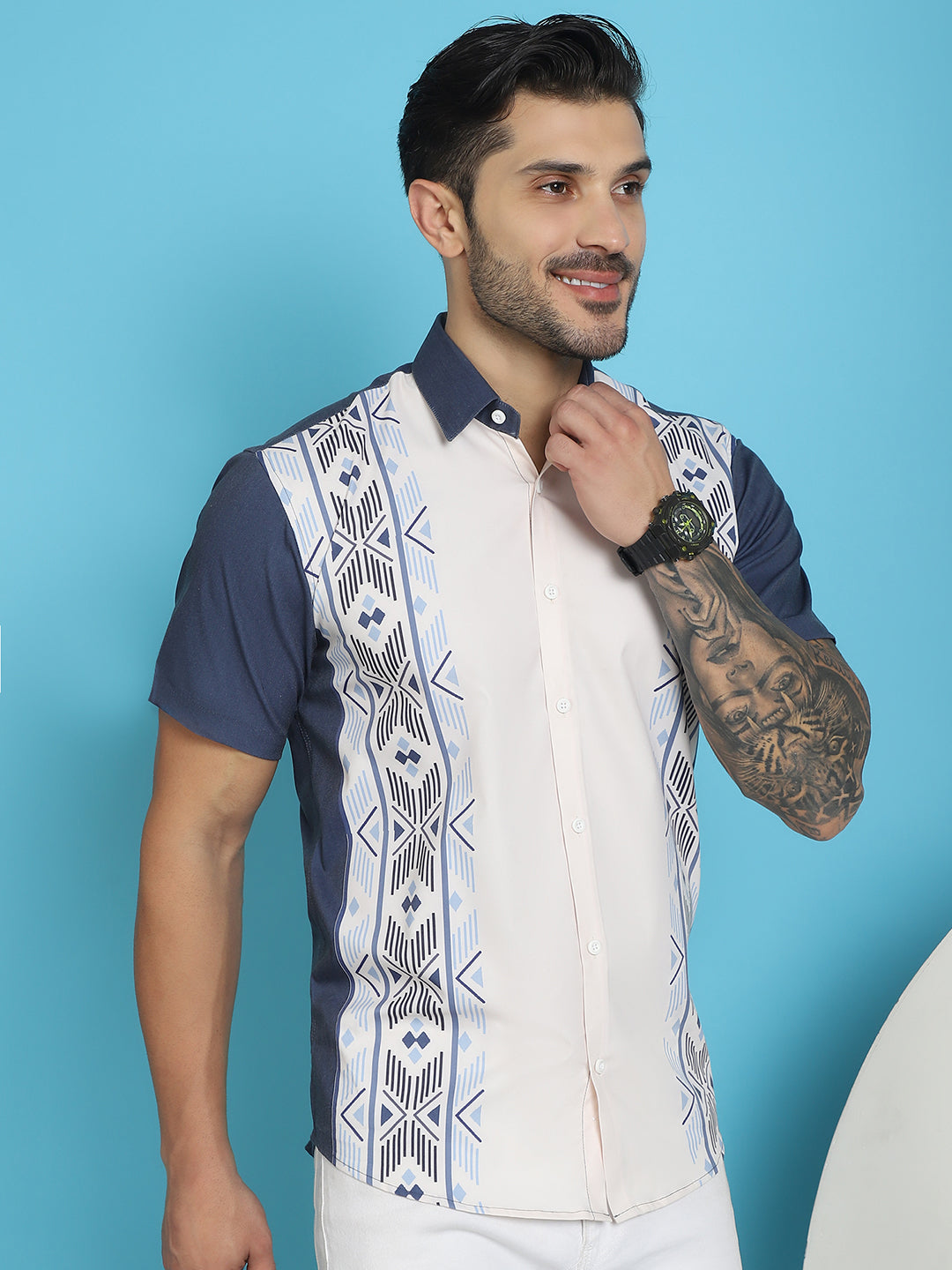 Indian Needle Men's Printed Half Sleeve Lycra Shirt - White | Swadesiicart