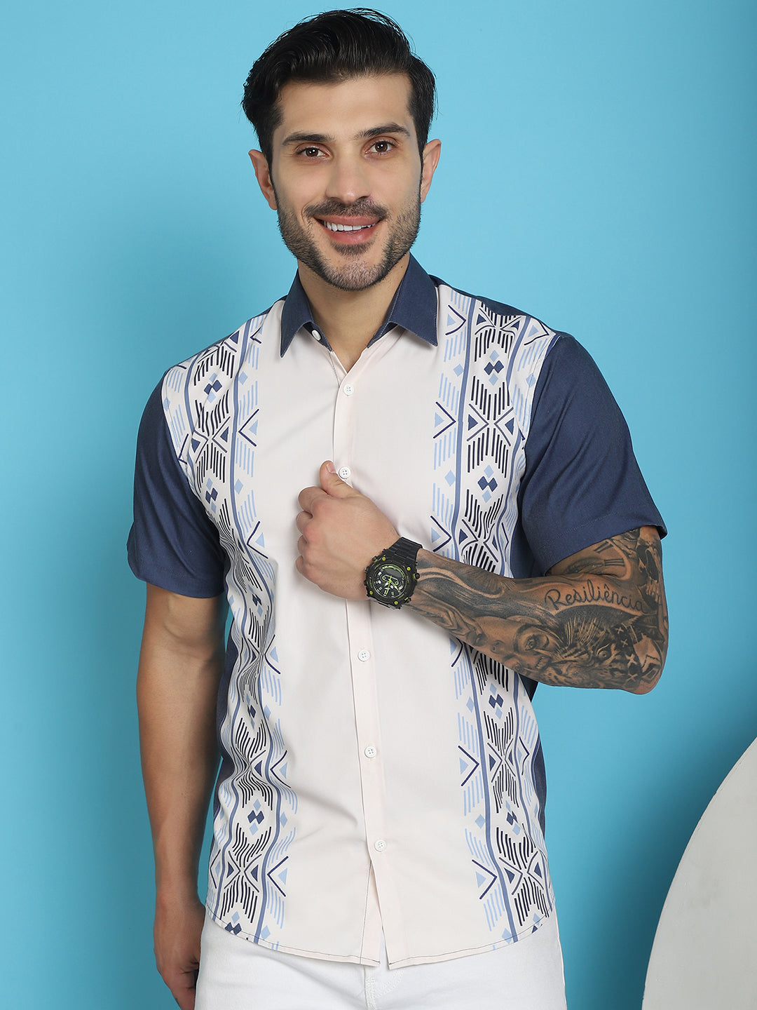 Indian Needle Men's Printed Half Sleeve Lycra Shirt - White | Swadesiicart