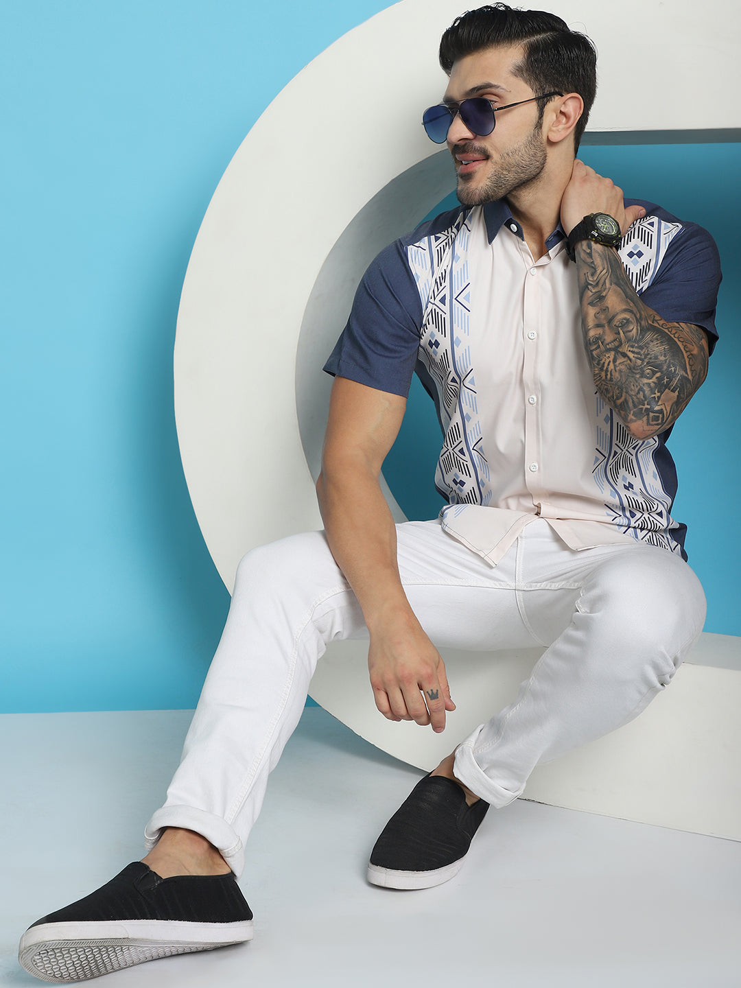 Indian Needle Men's Printed Half Sleeve Lycra Shirt - White | Swadesiicart