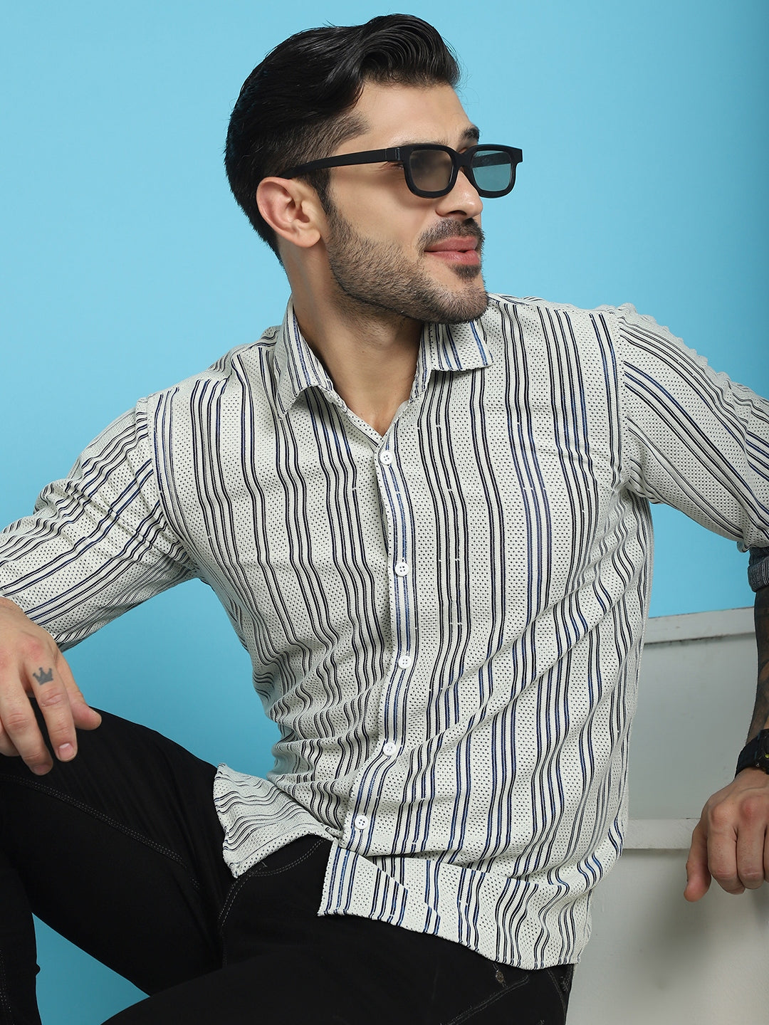 Indian Needle Men's Woven Design Cotton Shirt - Blue | Swadesiicart