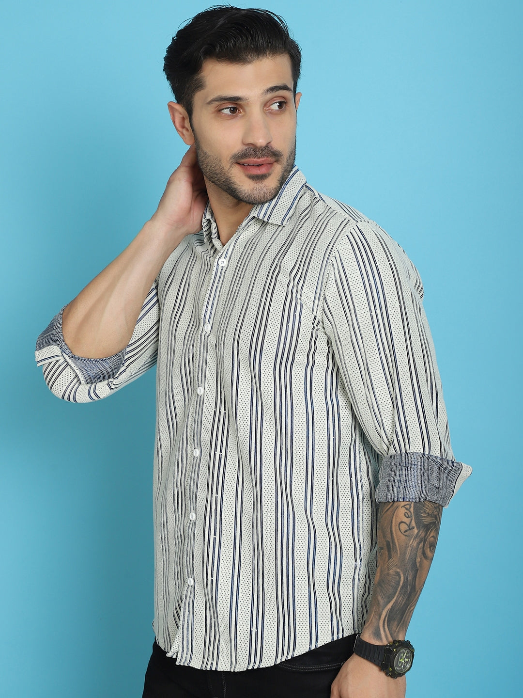Indian Needle Men's Woven Design Cotton Shirt - Blue | Swadesiicart