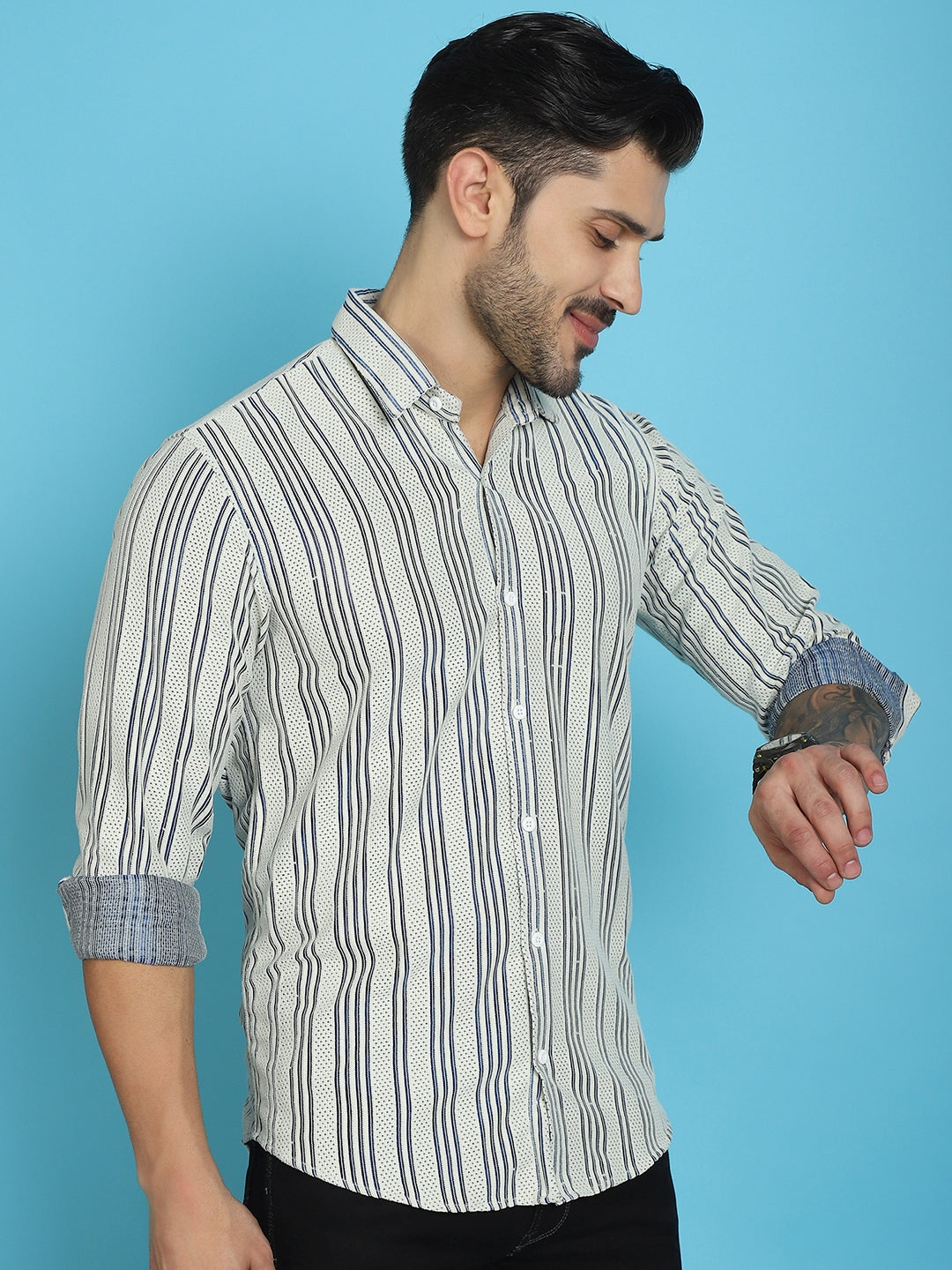 Indian Needle Men's Woven Design Cotton Shirt - Blue | Swadesiicart
