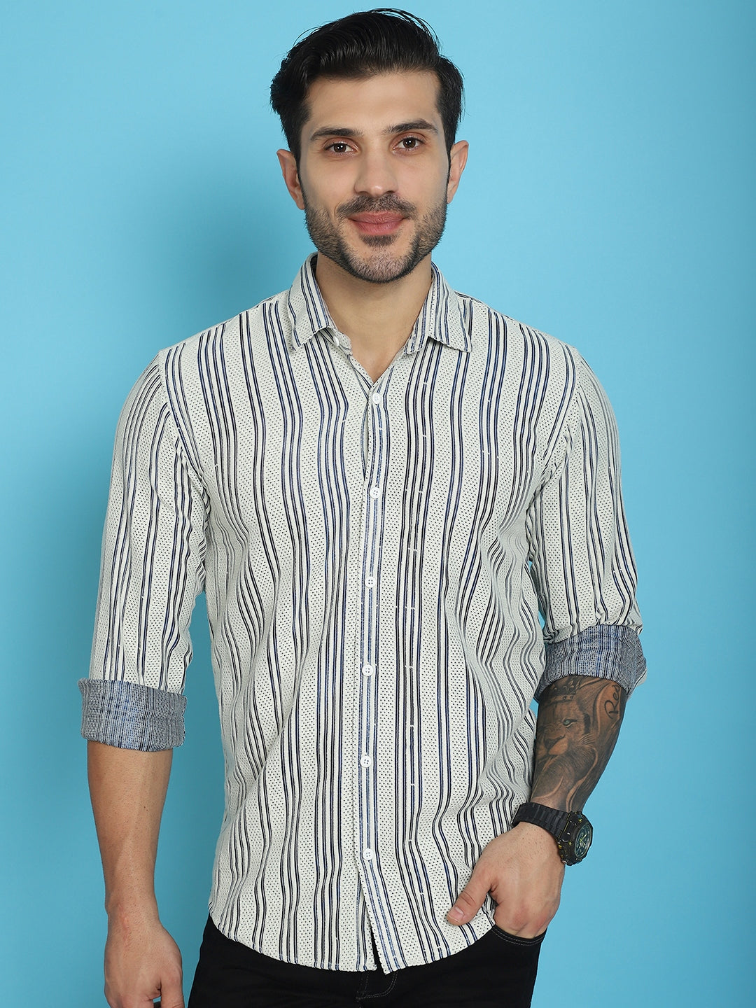 Indian Needle Men's Woven Design Cotton Shirt - Blue | Swadesiicart