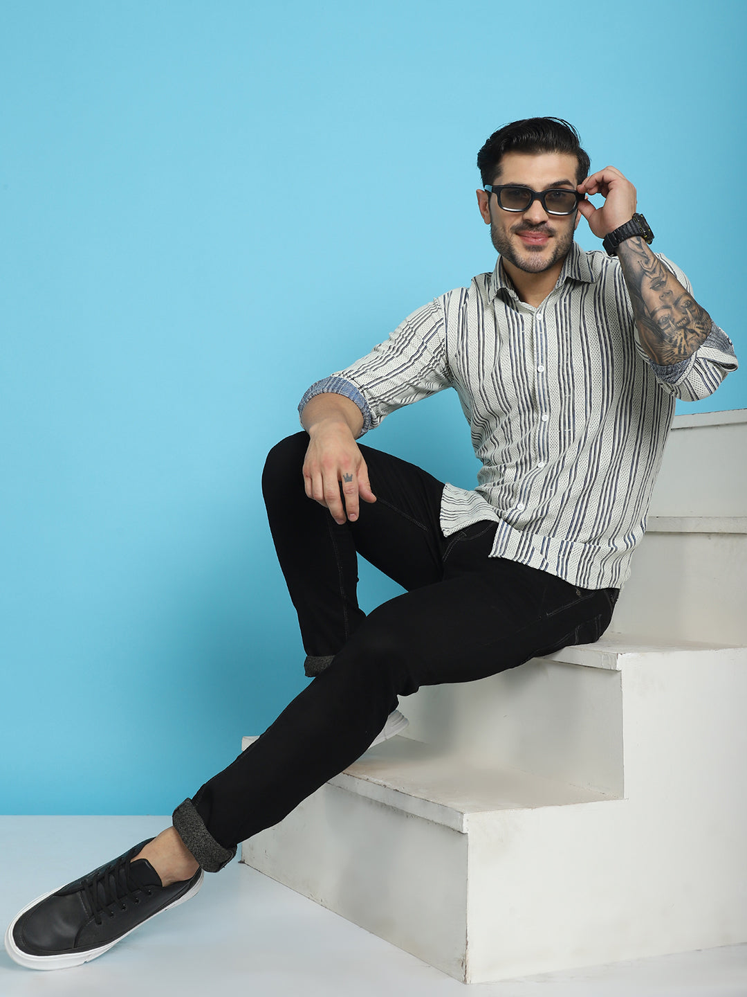 Indian Needle Men's Woven Design Cotton Shirt - Blue | Swadesiicart