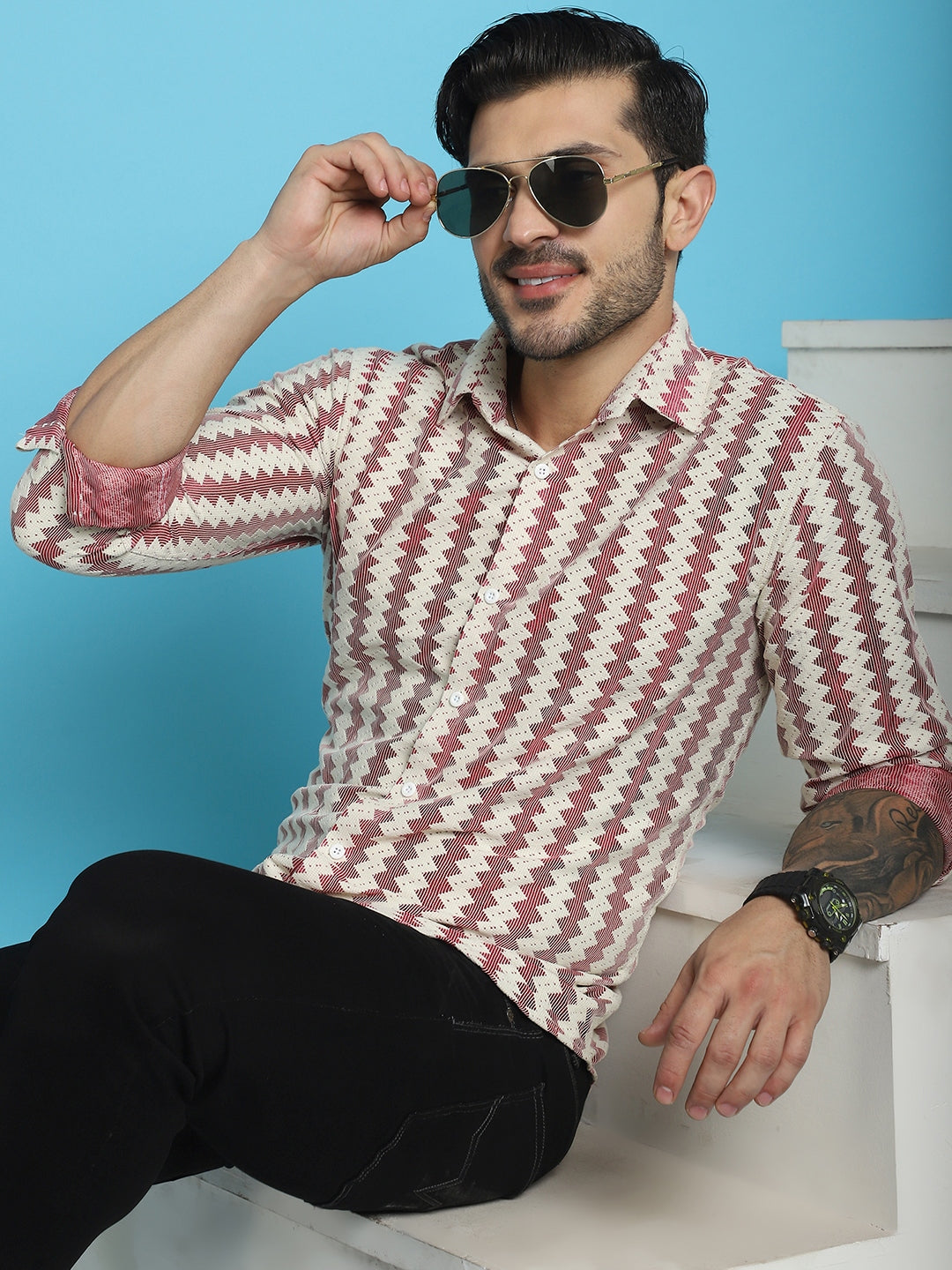 Indian Needle Men's Woven Design Cotton Shirt - Maroon | Swadesiicart