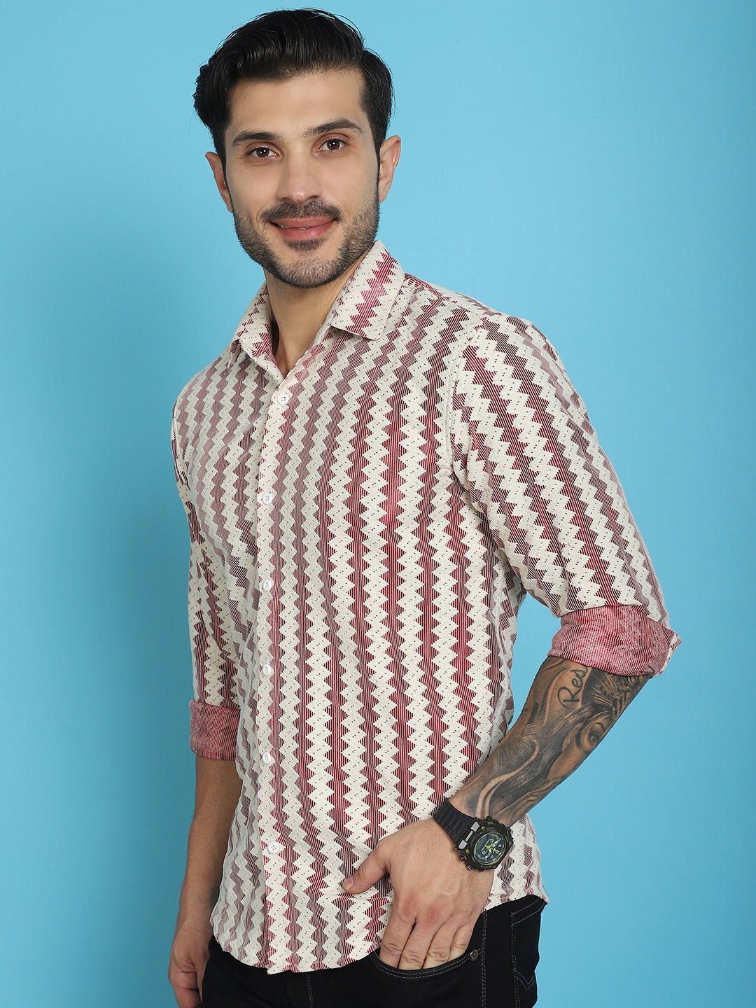 Indian Needle Men's Woven Design Cotton Shirt - Maroon | Swadesiicart