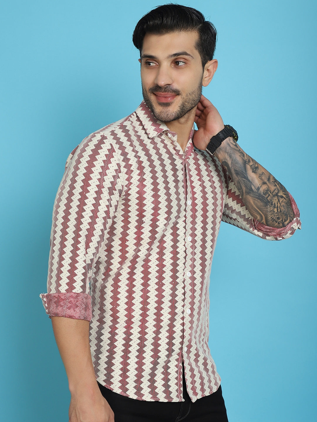 Indian Needle Men's Woven Design Cotton Shirt - Maroon | Swadesiicart