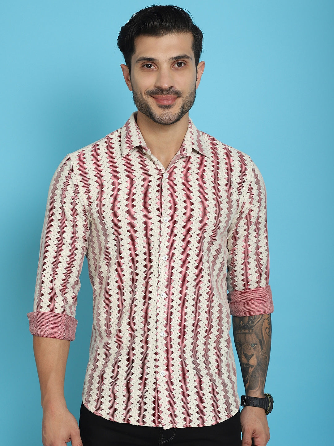 Indian Needle Men's Woven Design Cotton Shirt - Maroon | Swadesiicart