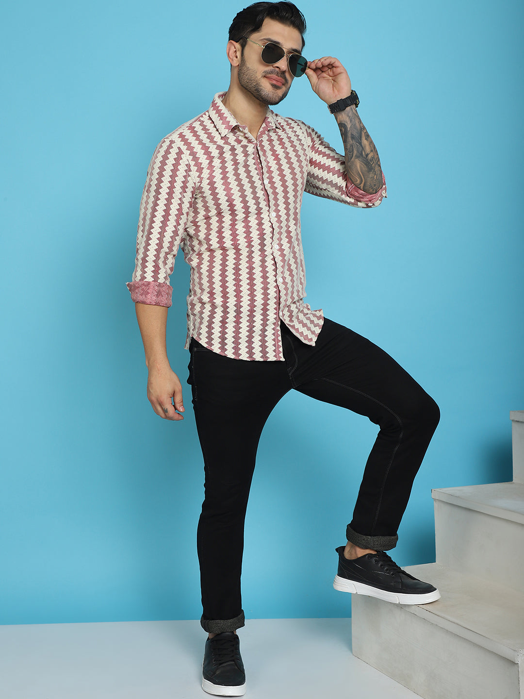 Indian Needle Men's Woven Design Cotton Shirt - Maroon | Swadesiicart