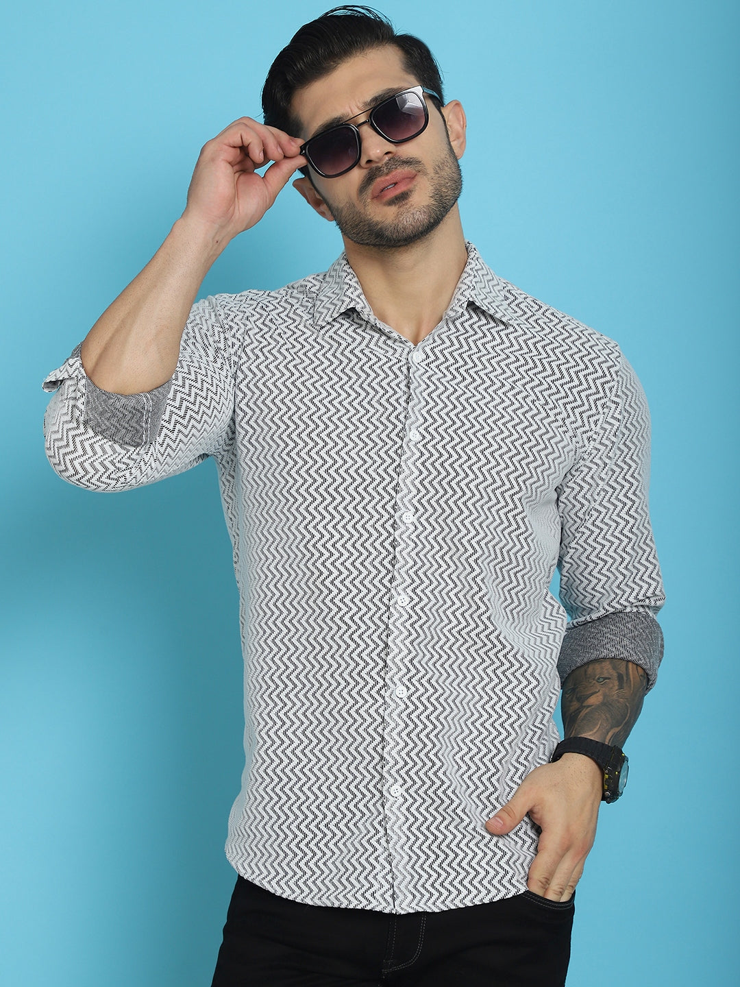 Indian Needle Men's Woven Design Cotton Shirt - White | Swadesiicart