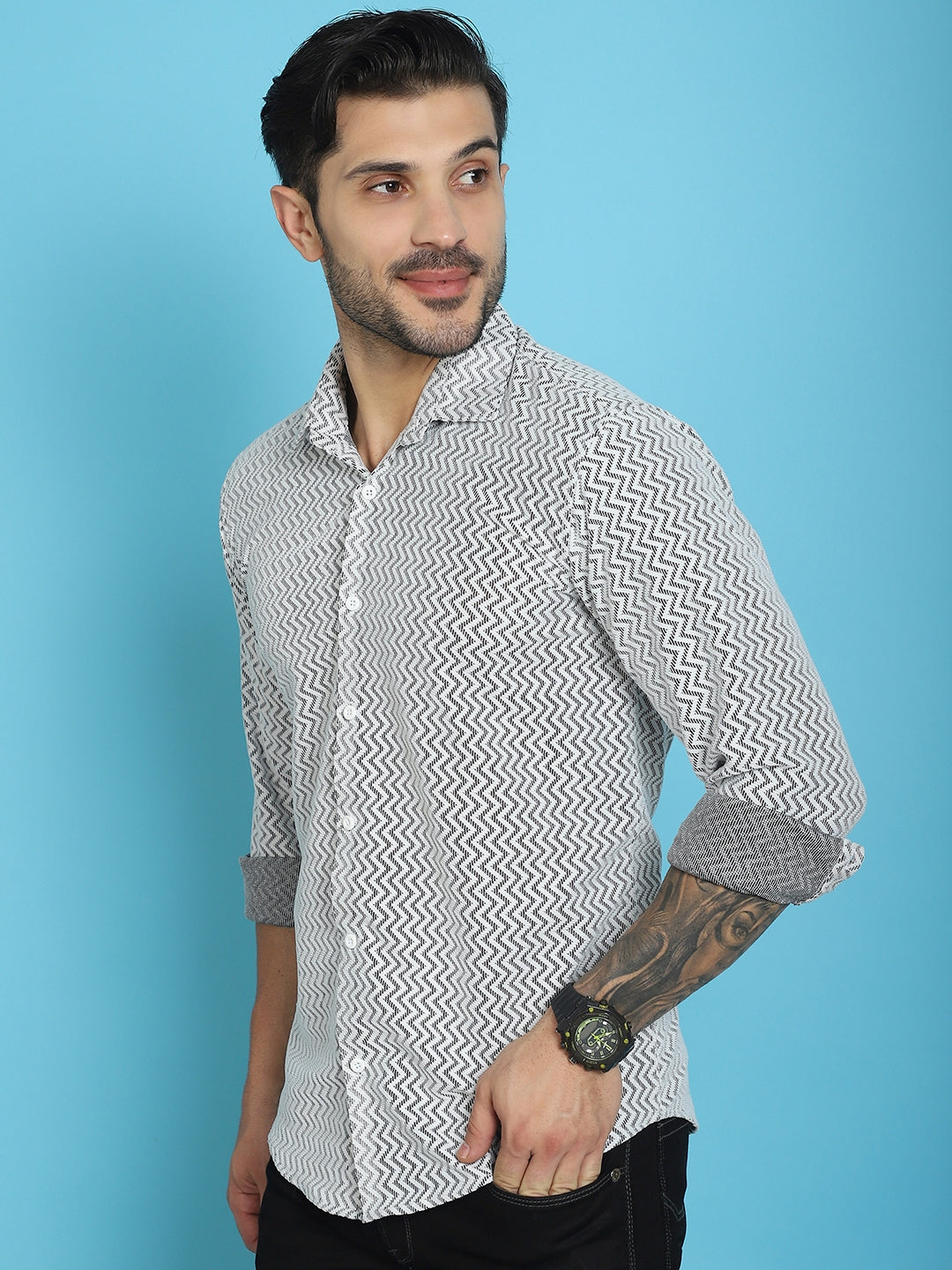 Indian Needle Men's Woven Design Cotton Shirt - White | Swadesiicart