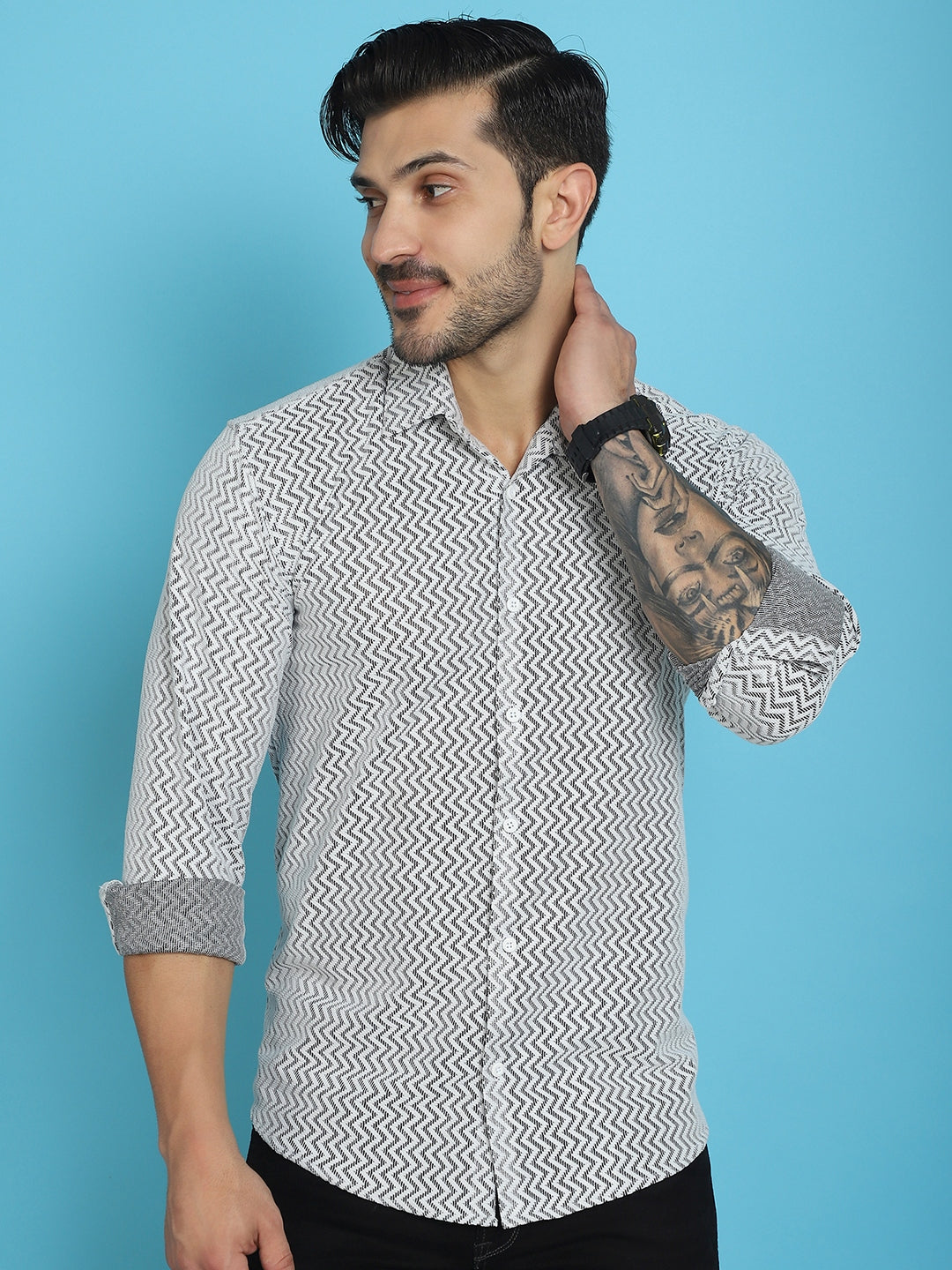 Indian Needle Men's Woven Design Cotton Shirt - White | Swadesiicart
