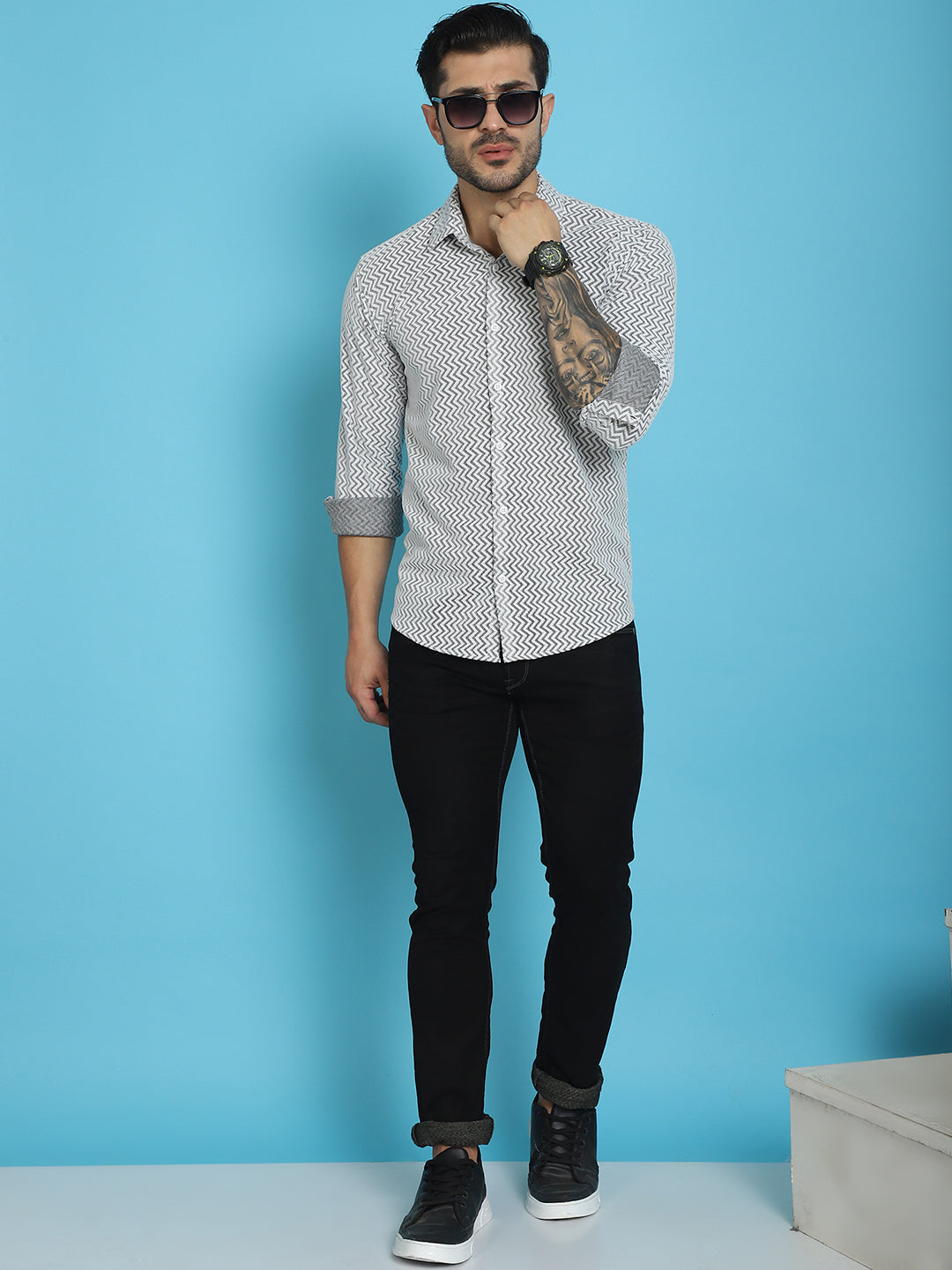 Indian Needle Men's Woven Design Cotton Shirt - White | Swadesiicart