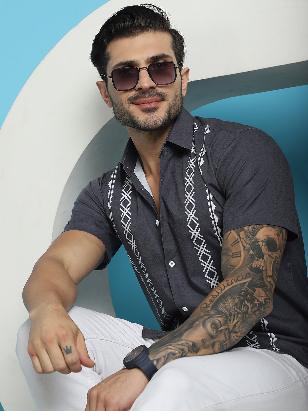 Indian Needle Men's Printed Half Sleeve Lycra Shirt - Charcoal | Swadesiicart