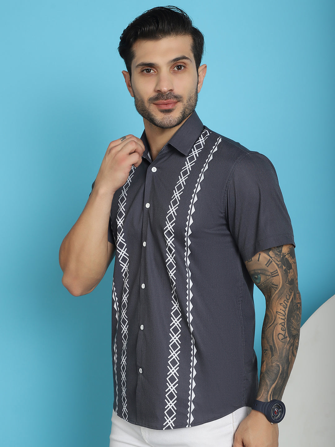 Indian Needle Men's Printed Half Sleeve Lycra Shirt - Charcoal | Swadesiicart