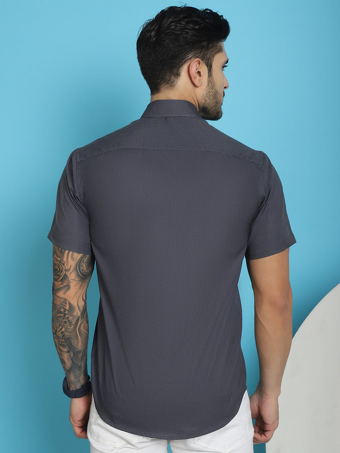 Indian Needle Men's Printed Half Sleeve Lycra Shirt - Charcoal | Swadesiicart